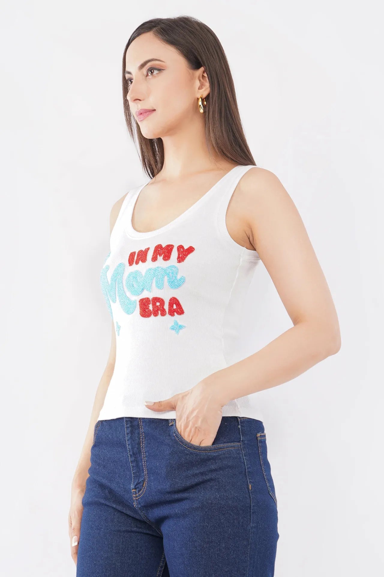 Women’s White Ribbed Tank Top with “In My Mom Era” Beaded Embroidery | Sleeveless Casual Summer Top for Women