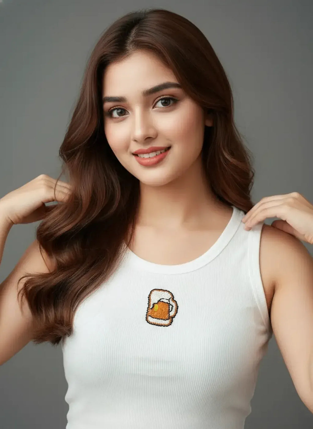 Cotton White Beer Mug Beaded Ribbed Tank Top For Women