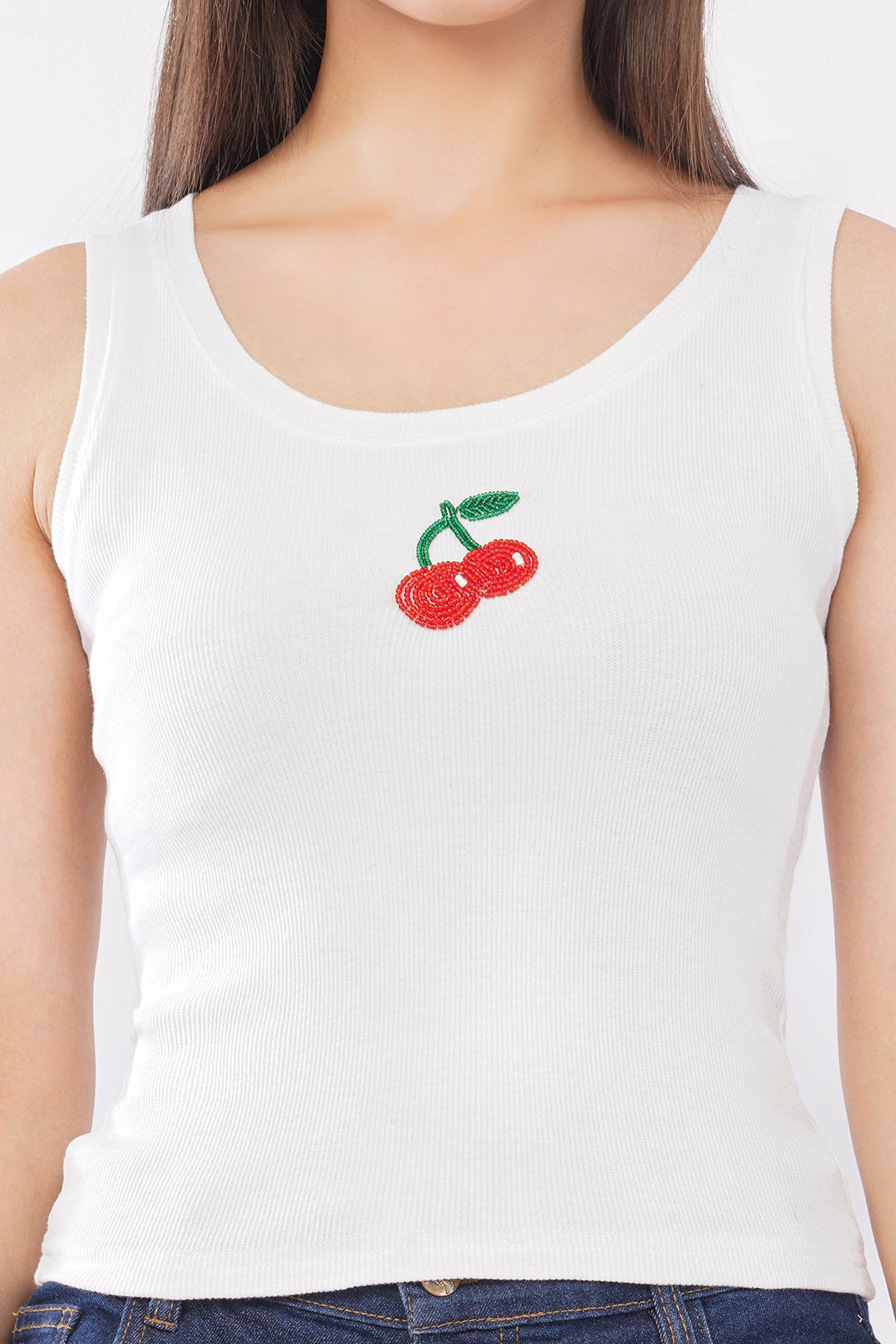 Bead & Bloom White Cotton Cherry Beaded Ribbed Tank Top For Women