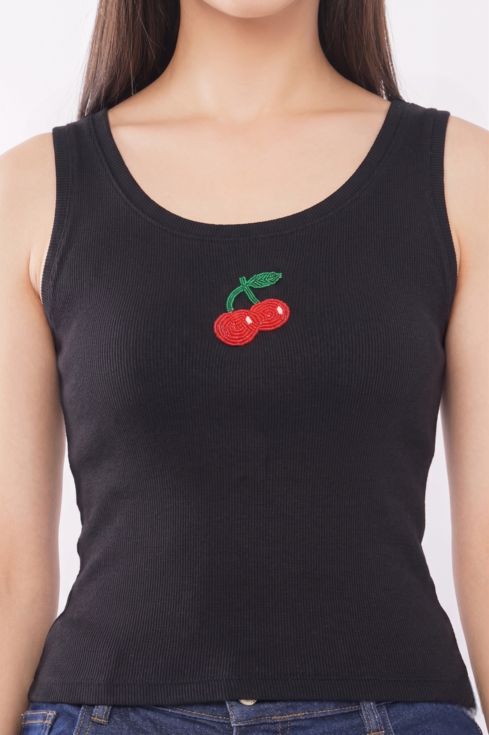 Black Cotton The Cherry Pop Beaded Rib Tank Top For Women