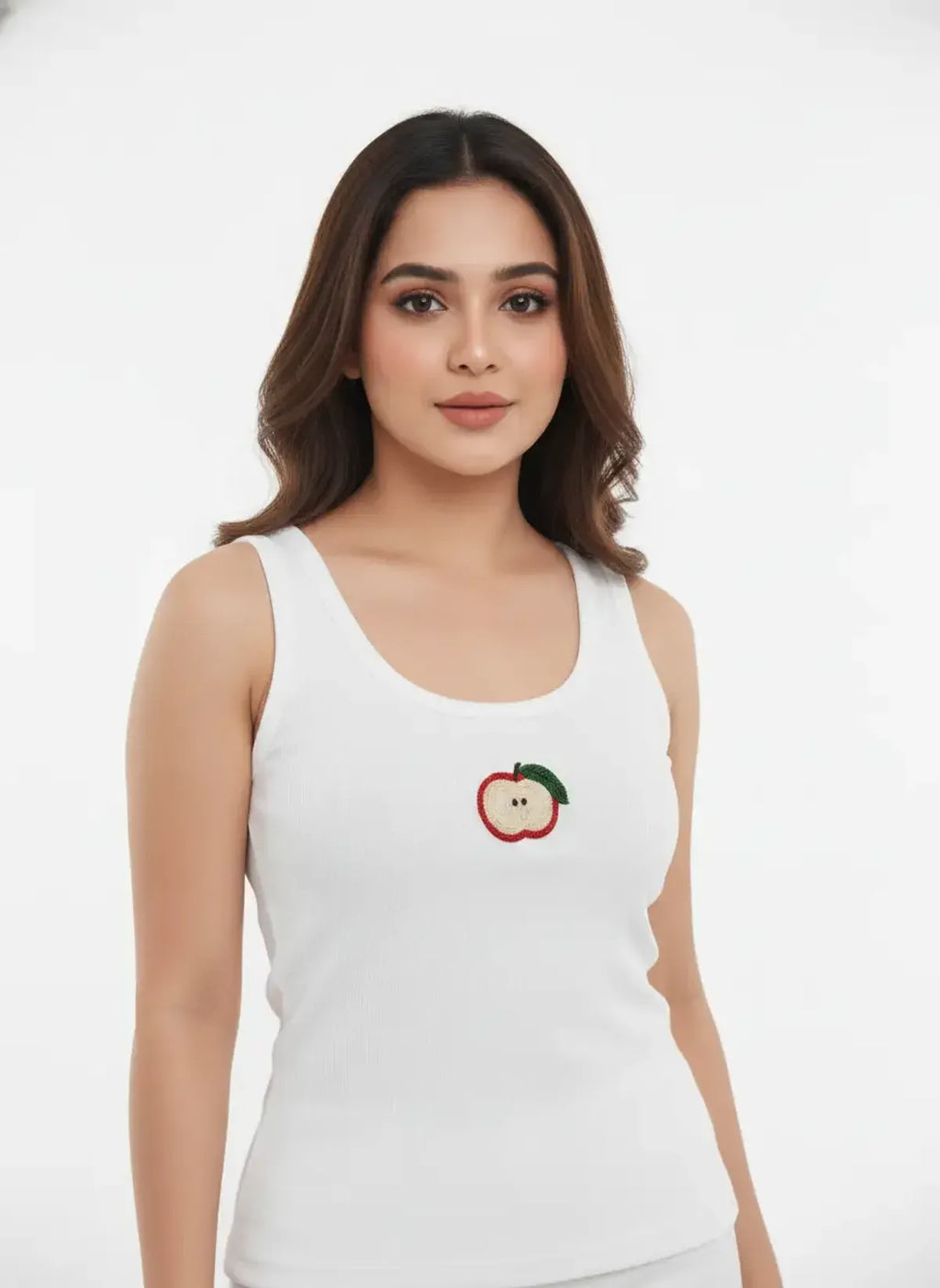 White Cotton Red Apple Beaded Tank Top For Women