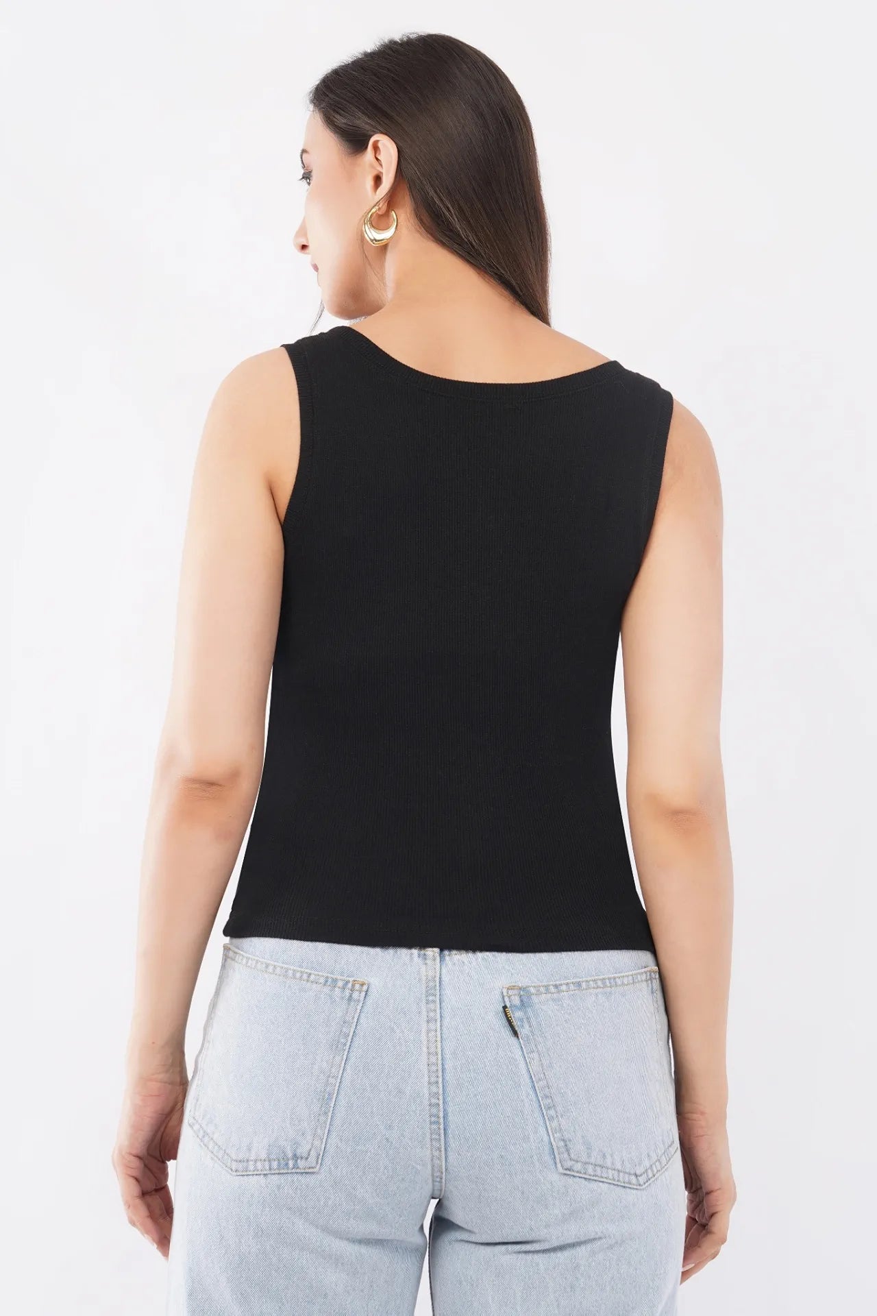 Bead & Bloom Black Cotton The Noodle Bowl Beaded Motif Rib Tank For Women
