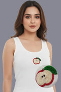 White Cotton Red Apple Beaded Tank Top For Women