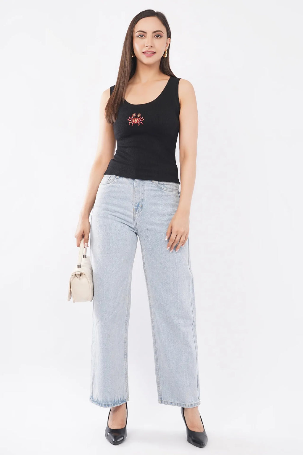 Black Cotton Beaded Crab Sleeveless Ribbed Party Tank Top For Women