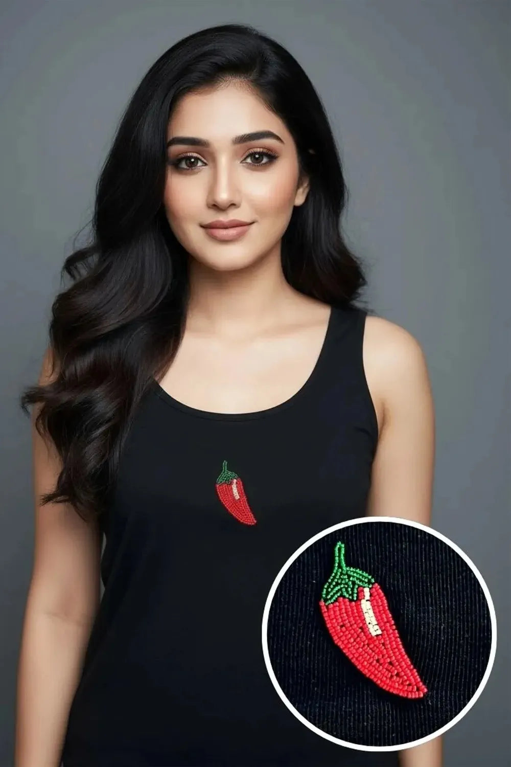 Black Cotton Red Chili Beaded Motif Rib Tank For Women