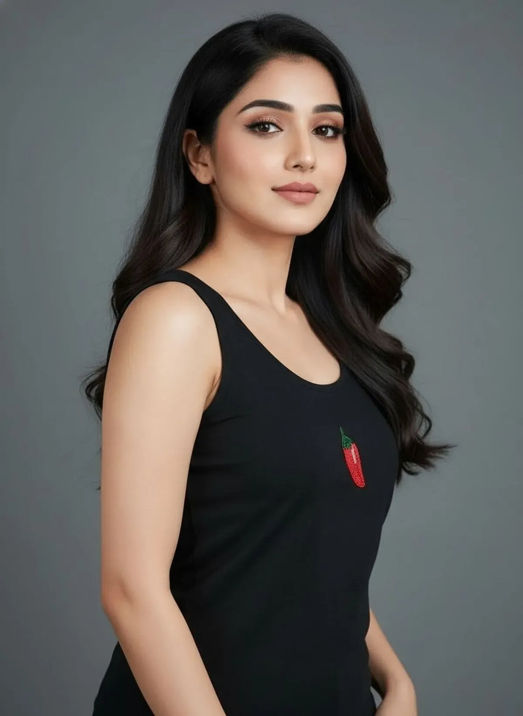 Black Cotton Red Chili Beaded Motif Rib Tank For Women