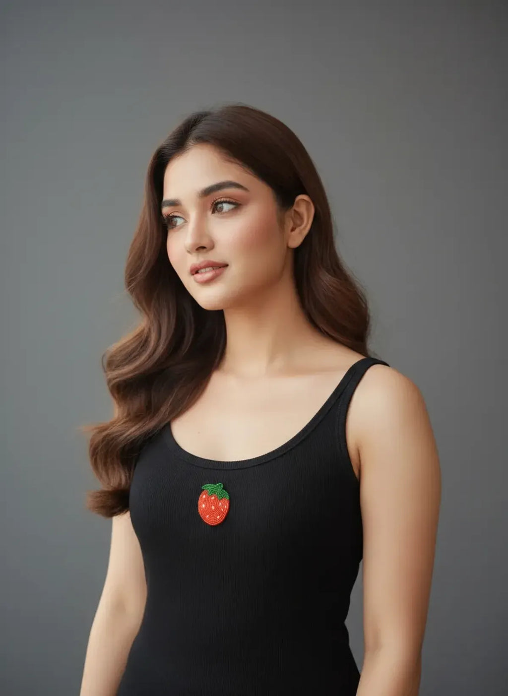 Black Cotton Beaded Strawberry Sleeveless Ribbed Summer Tank Top For Women