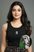 Black Cotton Ribbed Beaded Art Handmade Beadwork Casual Wear Tank Top For Women