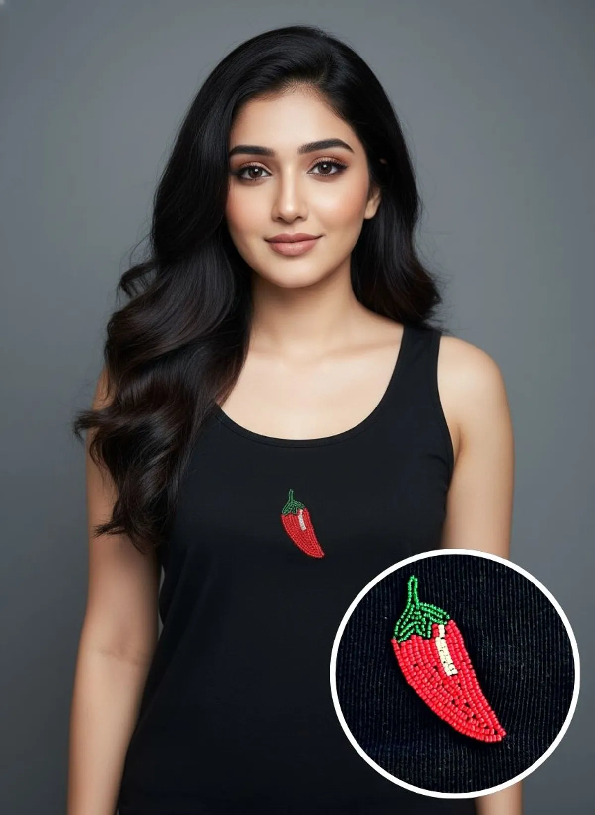 Black Cotton Red Chili Beaded Motif Rib Tank For Women