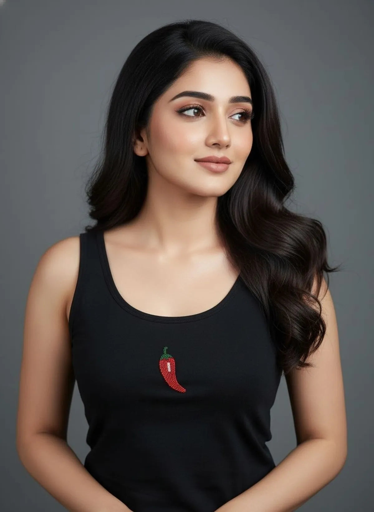 Black Cotton Red Chili Beaded Motif Rib Tank For Women
