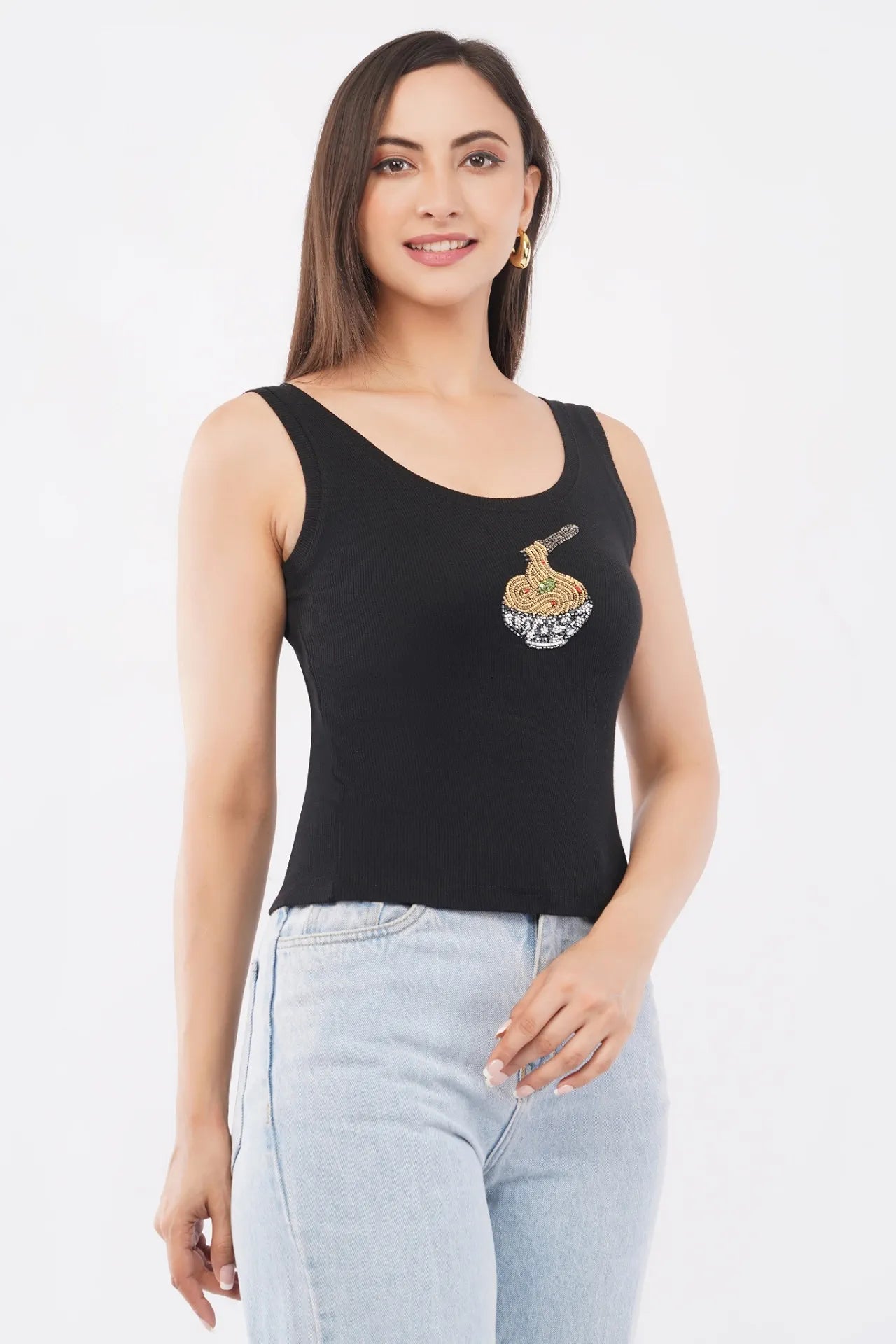 Bead & Bloom Black Cotton The Noodle Bowl Beaded Motif Rib Tank For Women