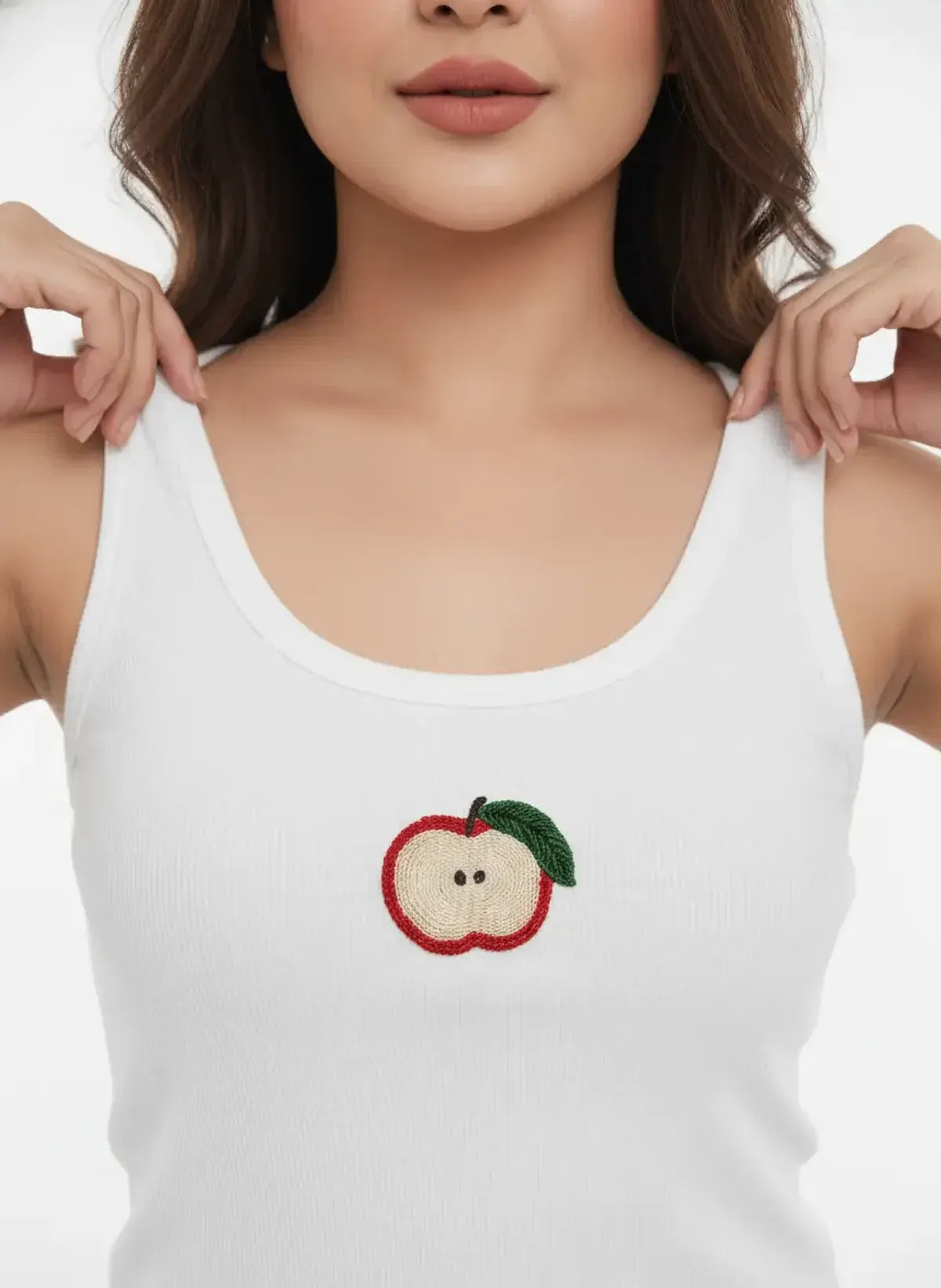 White Cotton Red Apple Beaded Tank Top For Women
